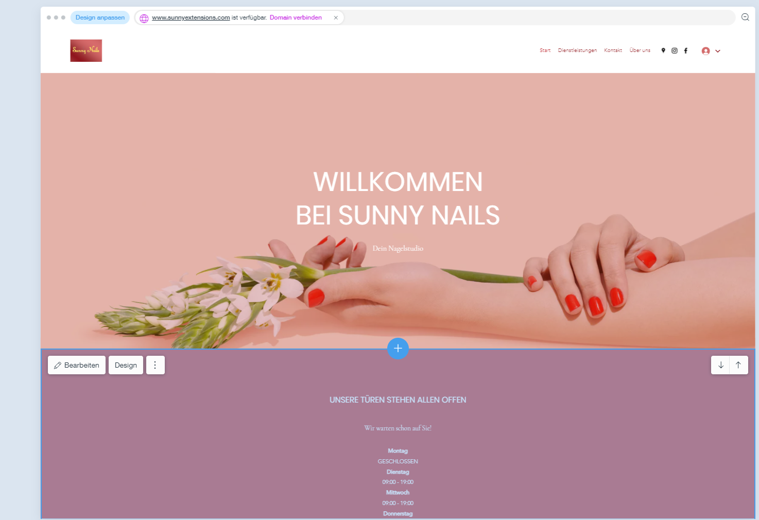 Hier sehen Sie die Startseite von Sunnynails. Wir erstellen für Sie eine Website.