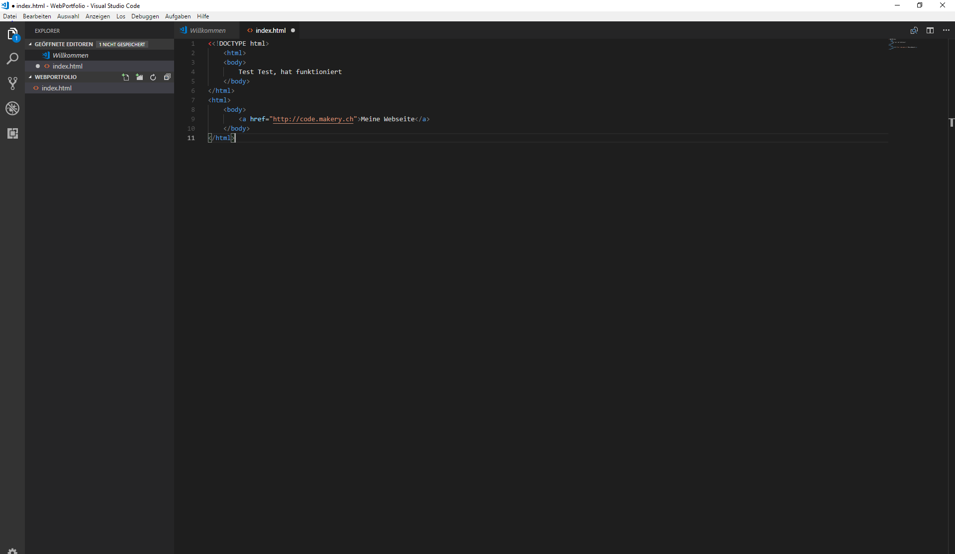 Hier sehen Sie den Anfang von unsere Programmierten Website. Dies haben wir mit Hilfe einer Anleitung erstellt. So konnten wir die ersten Funktionen ausprobieren. 